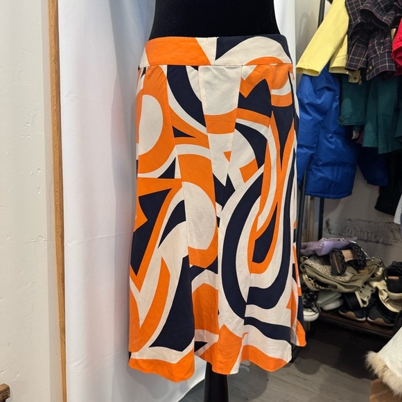 Theory Silk Blend Knee Length Skirt Orange Navy & Cream Abstract Pattern Size 4 - Picture 3 of 6